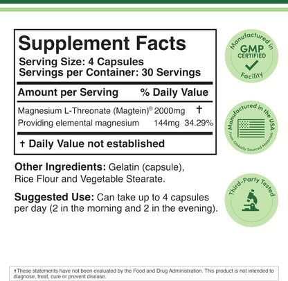 Magnesium L Threonate, Magtein - NSF Certified - Sleep and Cognitive Support – High Absorption - Maple Wellness Supplements
