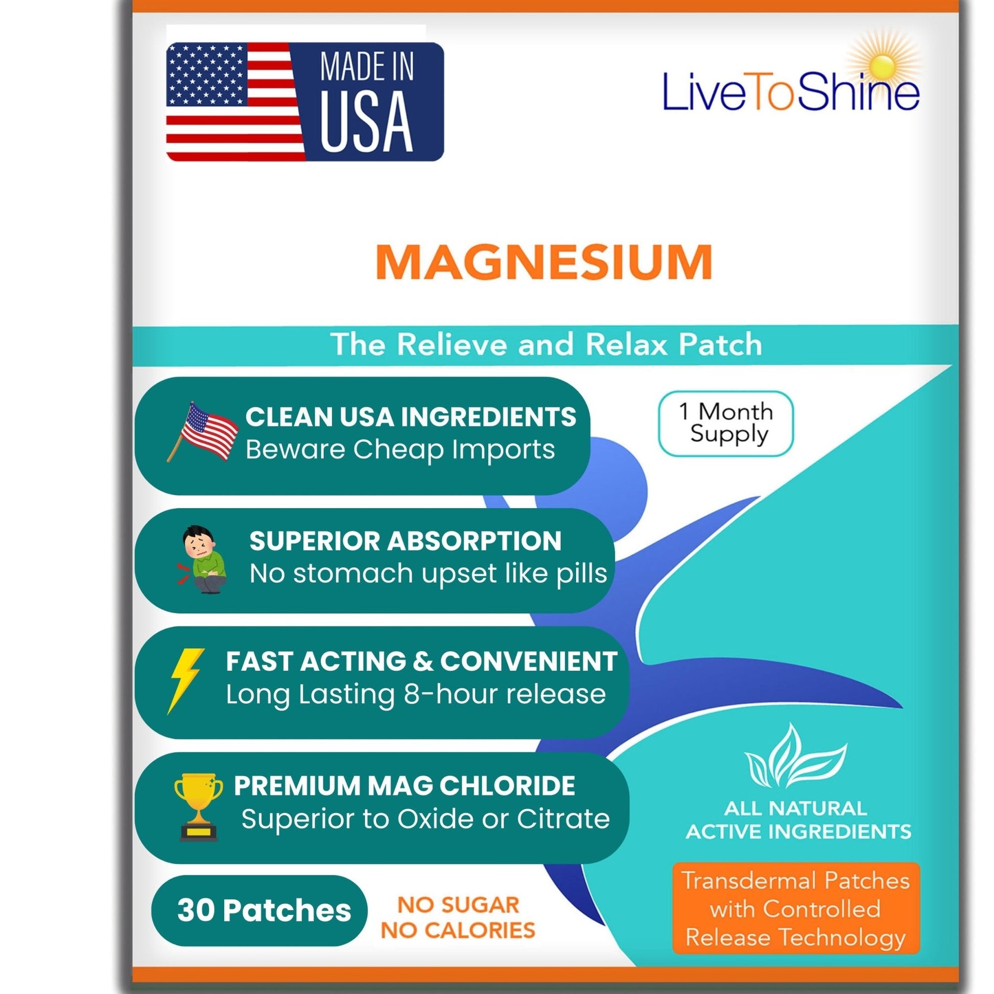 Magnesium Patches for Men and Women - Sleep Support & Relaxation, Muscle Recovery, Nerve Function - USA Made - 30 Premium Fast-Acting, Slow-Release Patches - Live To Shine - Maple Wellness Supplements