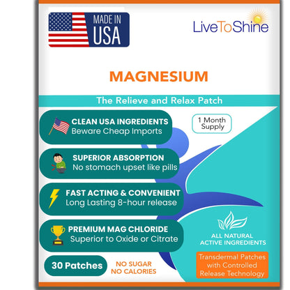 Magnesium Patches for Men and Women - Sleep Support & Relaxation, Muscle Recovery, Nerve Function - USA Made - 30 Premium Fast-Acting, Slow-Release Patches - Live To Shine - Maple Wellness Supplements