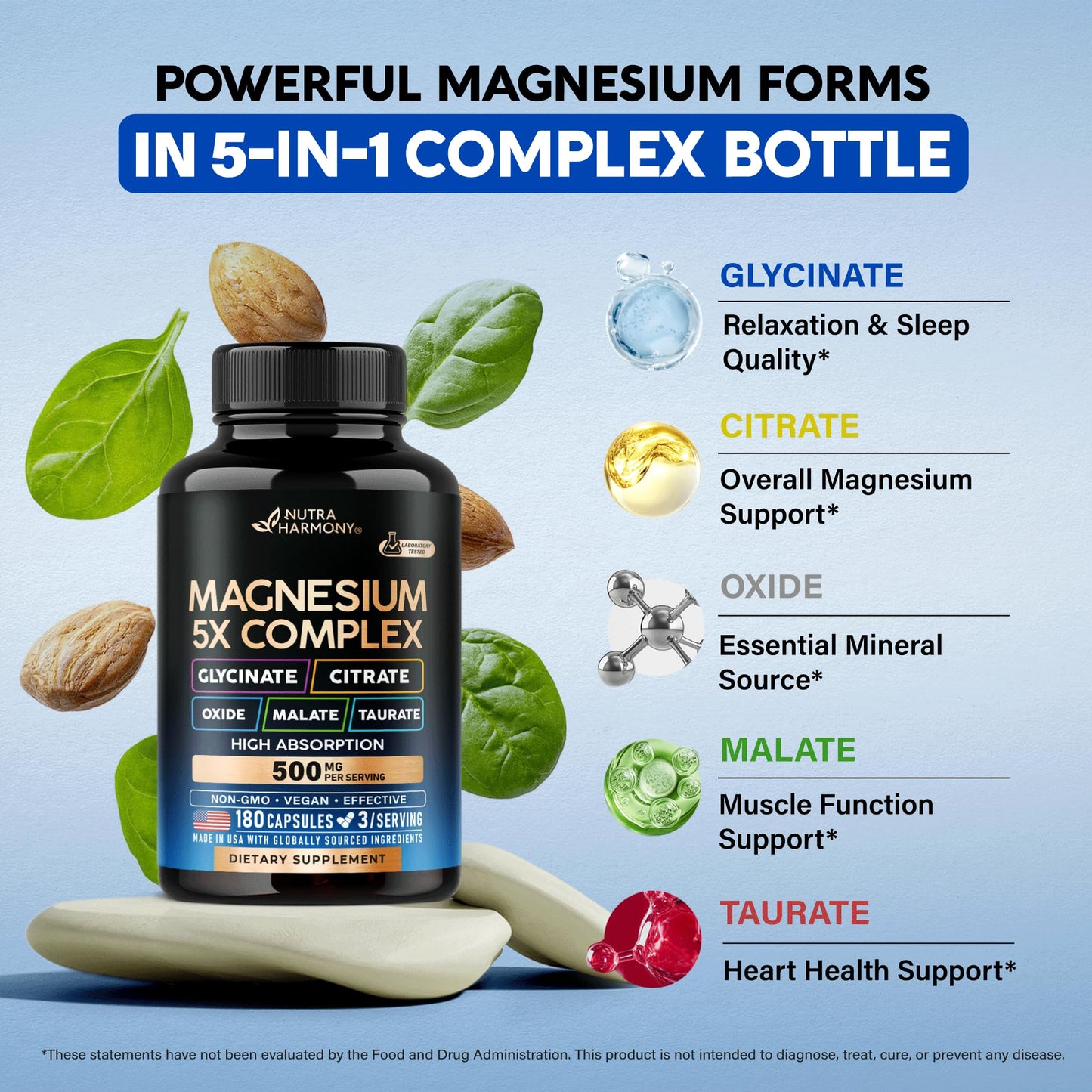 Magnesium Supplement - 5 in 1 Complex | Glycinate | Citrate | Malate | Taurate | Oxide - Made in USA - Stress, Muscle & Heart Support - Vegan, Natural, Non-GMO - 180 Capsules, 2 Month Supply - Maple Wellness Supplements