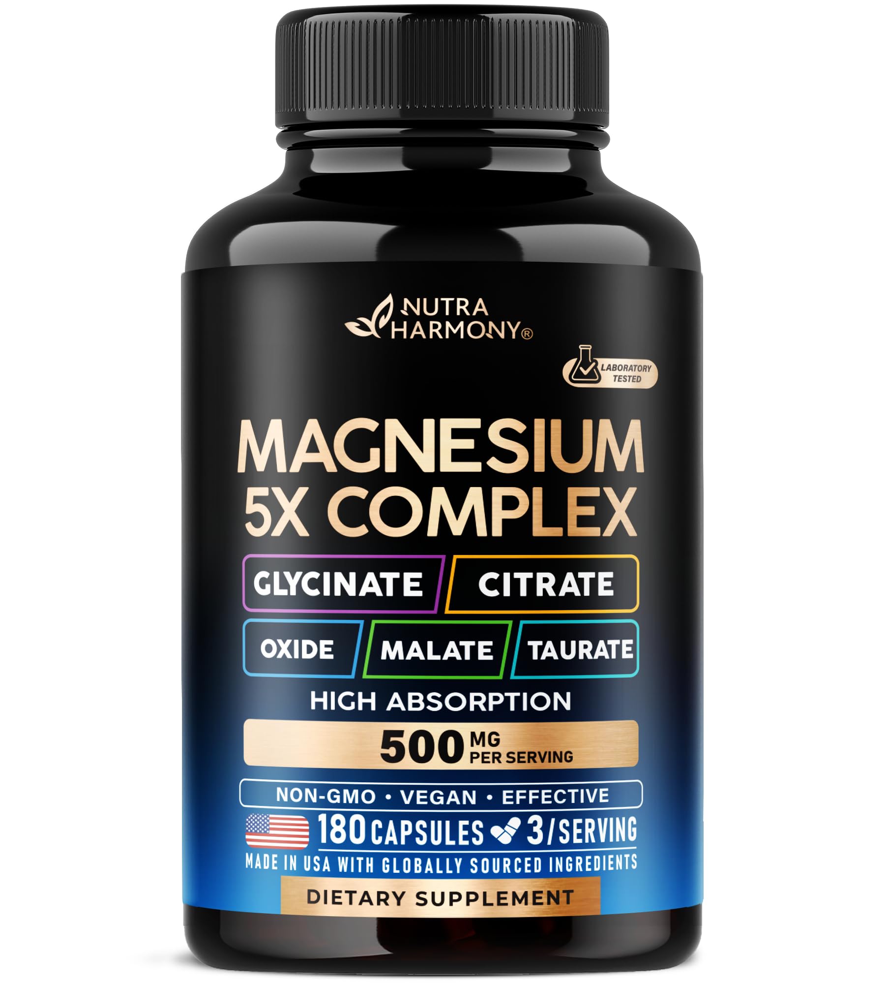 Magnesium Supplement - 5 in 1 Complex | Glycinate | Citrate | Malate | Taurate | Oxide - Made in USA - Stress, Muscle & Heart Support - Vegan, Natural, Non-GMO - 180 Capsules, 2 Month Supply - Maple Wellness Supplements