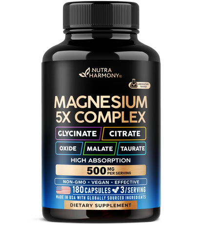 Magnesium Supplement - 5 in 1 Complex | Glycinate | Citrate | Malate | Taurate | Oxide - Made in USA - Stress, Muscle & Heart Support - Vegan, Natural, Non-GMO - 180 Capsules, 2 Month Supply - Maple Wellness Supplements