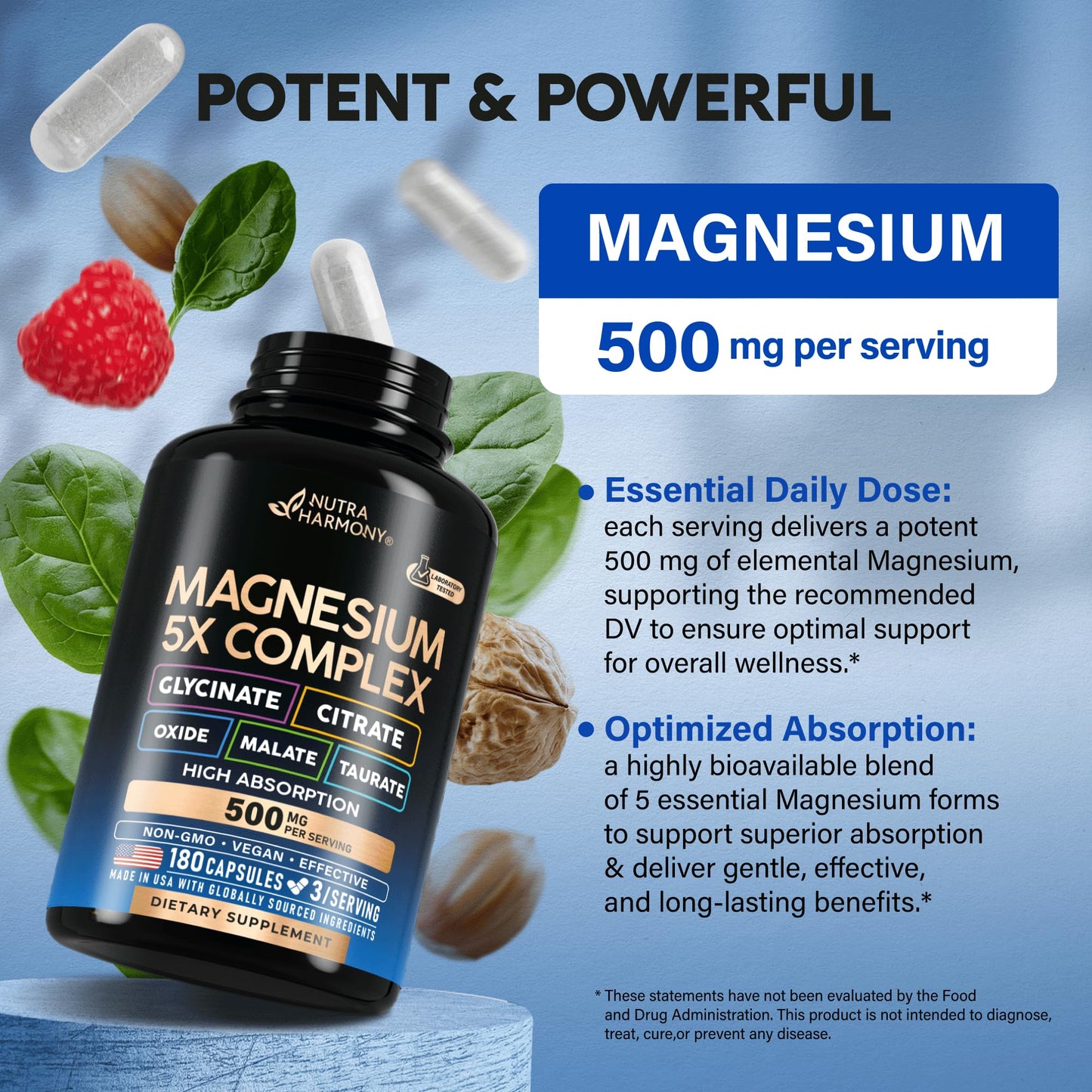 Magnesium Supplement - 5 in 1 Complex | Glycinate | Citrate | Malate | Taurate | Oxide - Made in USA - Stress, Muscle & Heart Support - Vegan, Natural, Non-GMO - 180 Capsules, 2 Month Supply - Maple Wellness Supplements