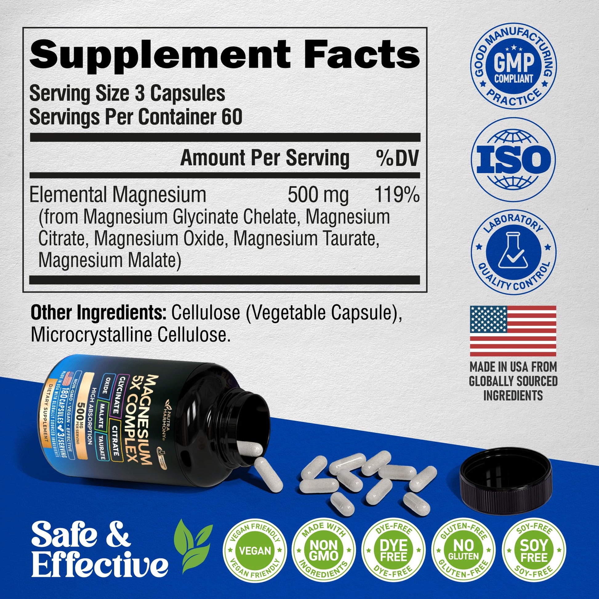 Magnesium Supplement - 5 in 1 Complex | Glycinate | Citrate | Malate | Taurate | Oxide - Made in USA - Stress, Muscle & Heart Support - Vegan, Natural, Non-GMO - 180 Capsules, 2 Month Supply - Maple Wellness Supplements