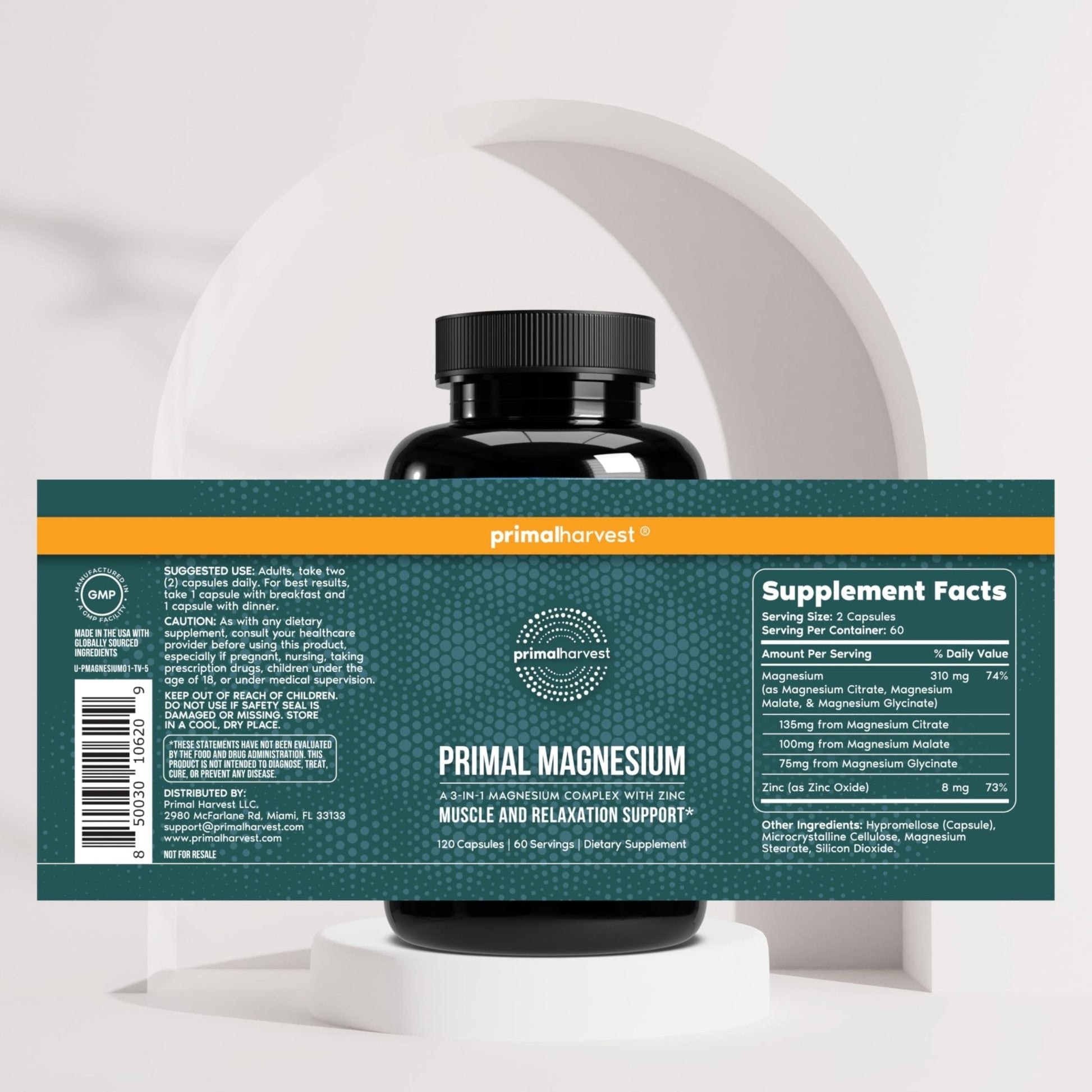Magnesium Supplement Complex 310mg by Primal Harvest with Magnesium Glycinate, Citrate, Malate, and Zinc 120 Capsules - Maple Wellness Supplements