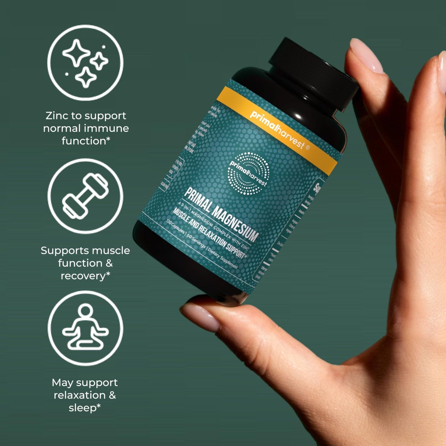 Magnesium Supplement Complex 310mg by Primal Harvest with Magnesium Glycinate, Citrate, Malate, and Zinc 120 Capsules - Maple Wellness Supplements