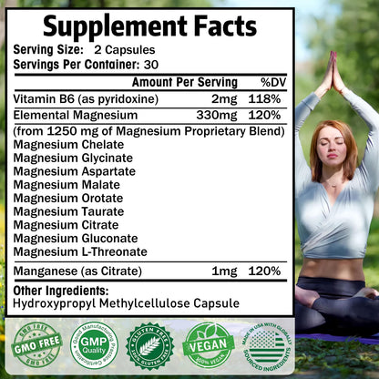 Magnesium Supplement with 9 Forms of High Absorption Magnesium Glycinate, L-threonate, Citrate, Malate and More for Muscle, Brain Support, Non-GMO, Gluten & Soy Free, 60 Capsules - Maple Wellness Supplements