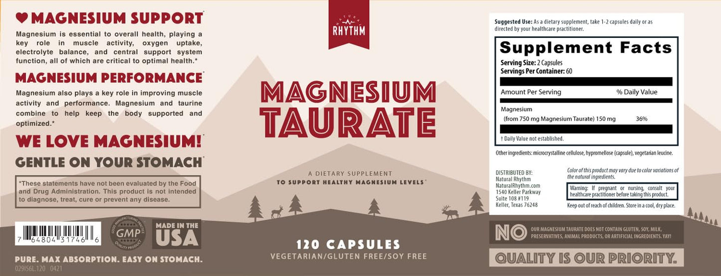 Magnesium Taurate 750mg (150mg Elemental Magnesium) – 120 Vegetarian Capsules – High-Absorption Magnesium Taurate Supplement for Heart, Muscle, and Nerve Support - Maple Wellness Supplements