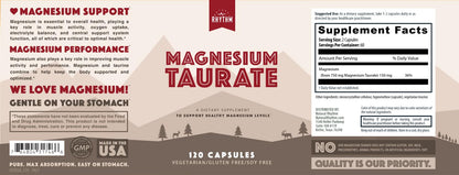 Magnesium Taurate 750mg (150mg Elemental Magnesium) – 120 Vegetarian Capsules – High-Absorption Magnesium Taurate Supplement for Heart, Muscle, and Nerve Support - Maple Wellness Supplements