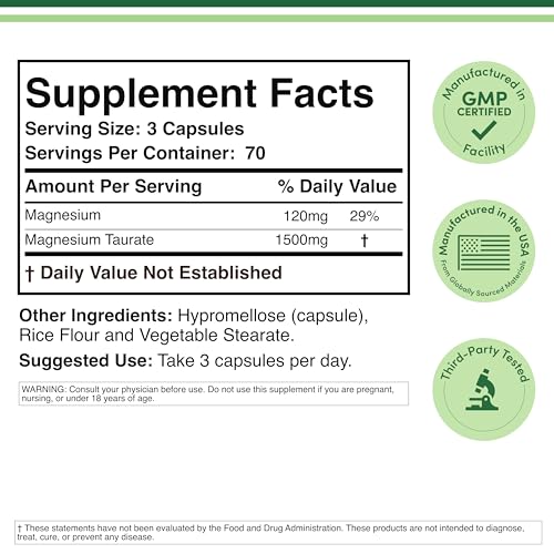Magnesium Taurate Supplement for Cardiovascular Health to Boost Magnesium Levels (1,500mg per Serving, 210 Vegan Capsules) Non-GMO, Gluten Free - Maple Wellness Supplements