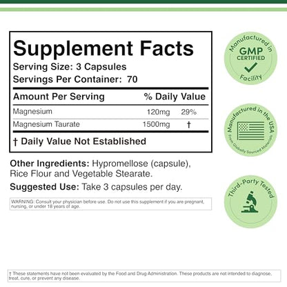 Magnesium Taurate Supplement for Cardiovascular Health to Boost Magnesium Levels (1,500mg per Serving, 210 Vegan Capsules) Non-GMO, Gluten Free - Maple Wellness Supplements