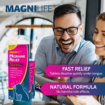 MagniLife Migraine Relief, Non-Habit Forming, 90 Homeopathic Tablets, Migraine Medicine for Light & Sound Sensitivity, Nausea, Blurred Vision & Pressure, Quick-Dissolve Headache Pain Relief - Maple Wellness Supplements