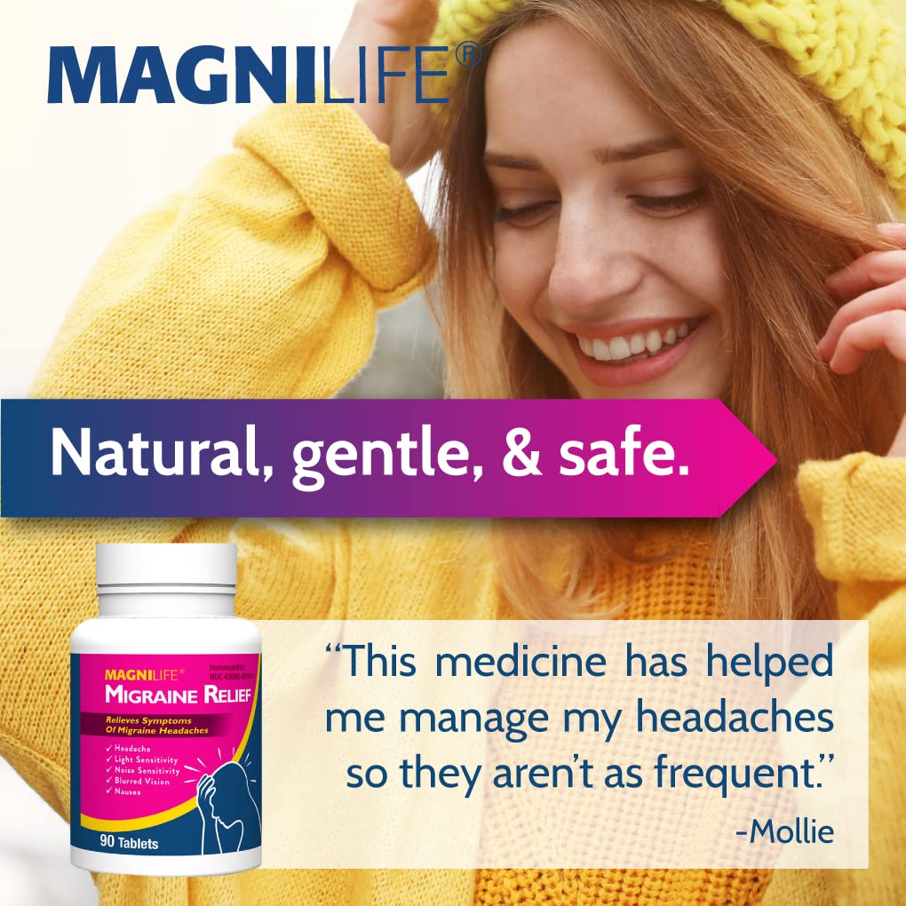 MagniLife Migraine Relief, Non-Habit Forming, 90 Homeopathic Tablets, Migraine Medicine for Light & Sound Sensitivity, Nausea, Blurred Vision & Pressure, Quick-Dissolve Headache Pain Relief - Maple Wellness Supplements