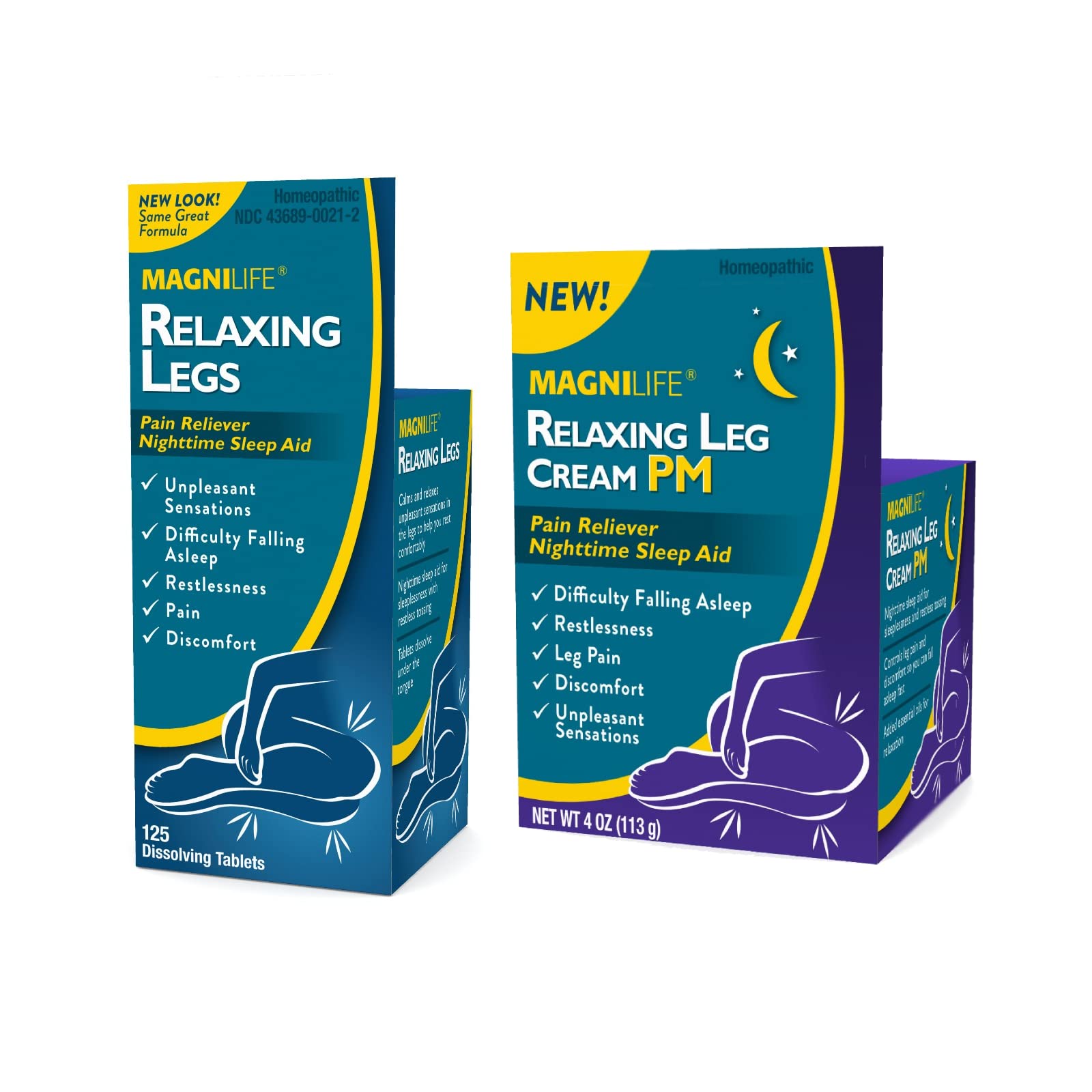 MagniLife Relaxing Legs 125 Count Quick Dissolve Tablets Relaxing Leg Cream PM 4oz Jar Restless Legs - Maple Wellness Supplements
