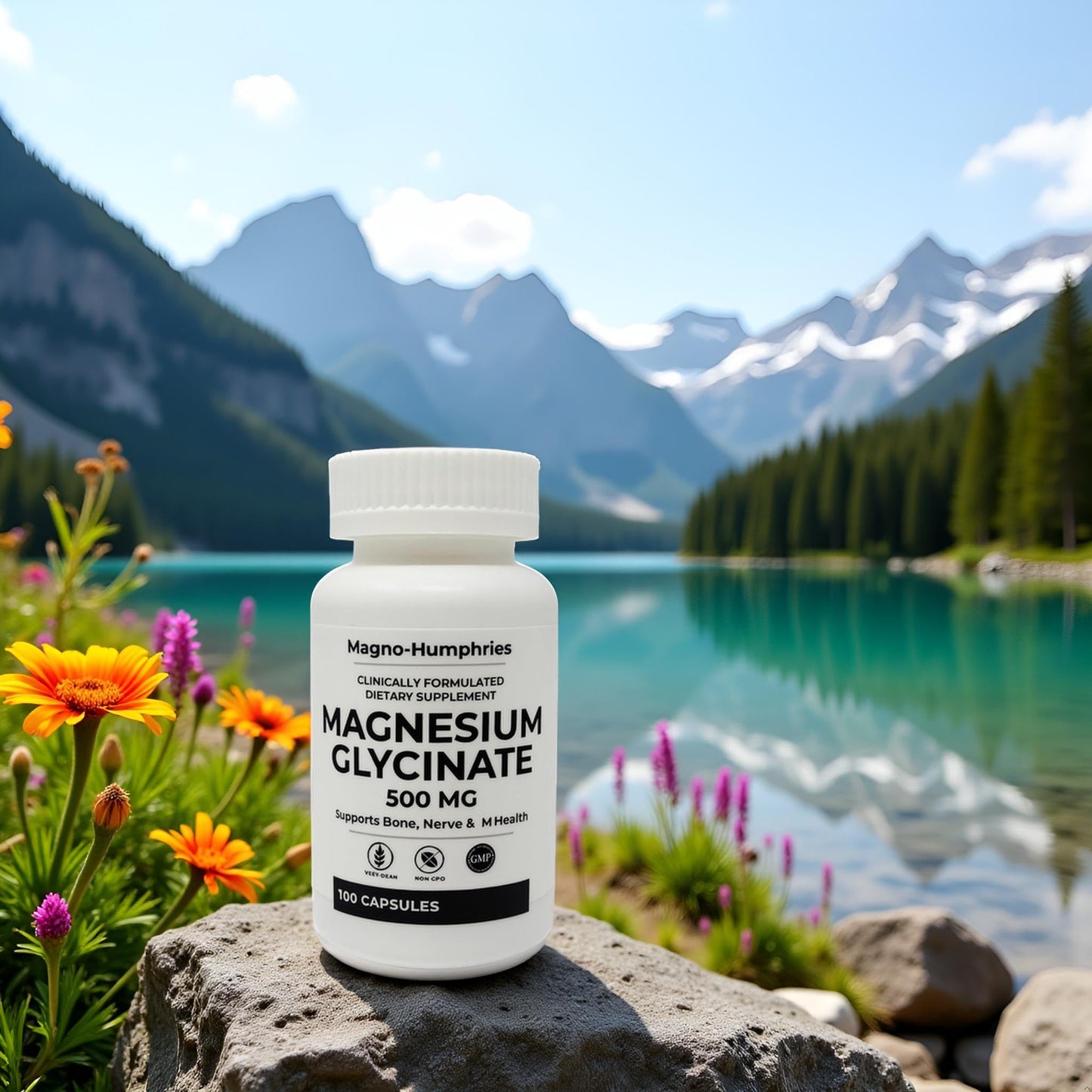 Magno-Humphries Magnesium Glycinate 500 mg - 100 Capsules | Gentle Chelated Form | Muscle, Nerve & Bone Support | Dietary Supplement | GMP Manufactured in The USA - Maple Wellness Supplements