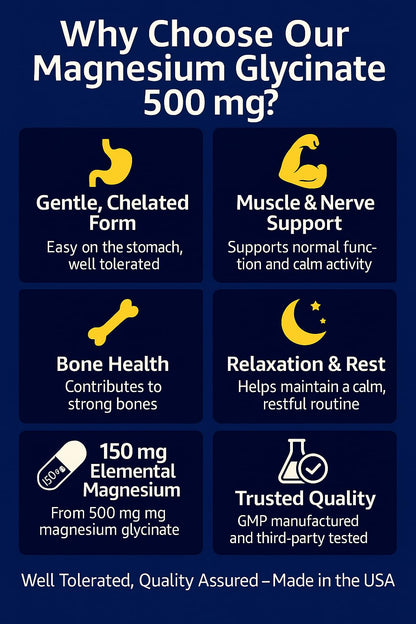 Magno-Humphries Magnesium Glycinate 500 mg - 100 Capsules | Gentle Chelated Form | Muscle, Nerve & Bone Support | Dietary Supplement | GMP Manufactured in The USA - Maple Wellness Supplements