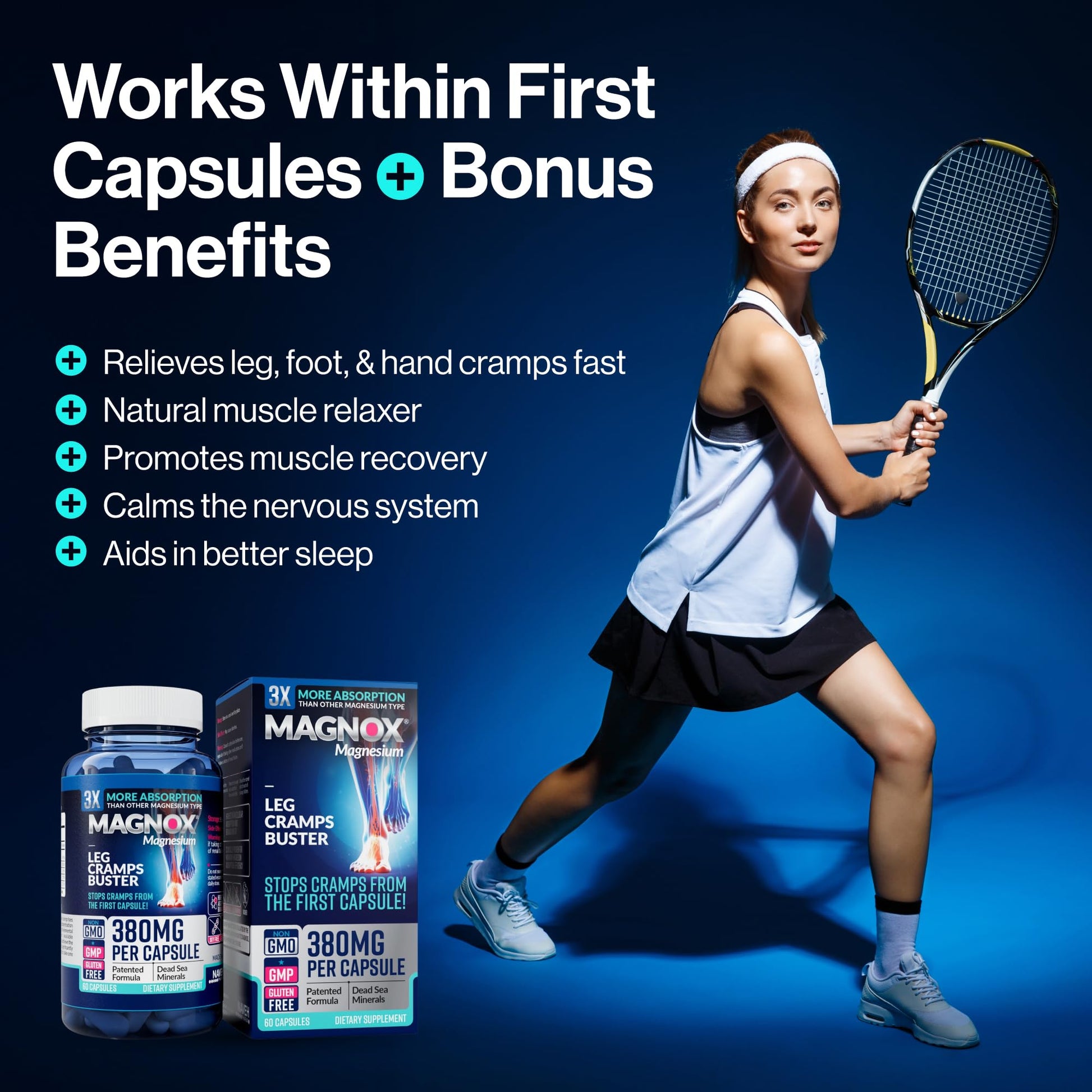 MAGNOX® Buster | Patented Clinically Tested 380mg Magnesium Supplement for Spasms & Leg Cramps at Night | One Capsule a Day for Almost Full Dosage | 3X More Absorption | Dead Sea Minerals (60 Caps) - Maple Wellness Supplements