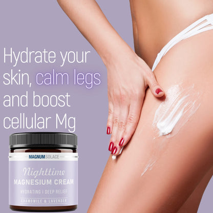 Magnum Solace Magnesium Lotion – Nighttime Magnesium Cream – Apply to Legs, Arms or Chest - Topical Magnesium Chloride – USA Made and Safe for Kids (Chamomile Lavender) - Maple Wellness Supplements