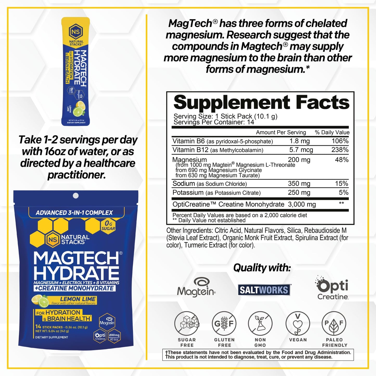 Magtech Magnesium Capsules + Hydration Creatine Powder Lemon Lime Bundle - 3 Forms of Magnesium - Featuring Magtein L-Threonate - Brain Health & Hydration Support* - 44 Total Servings - Maple Wellness Supplements