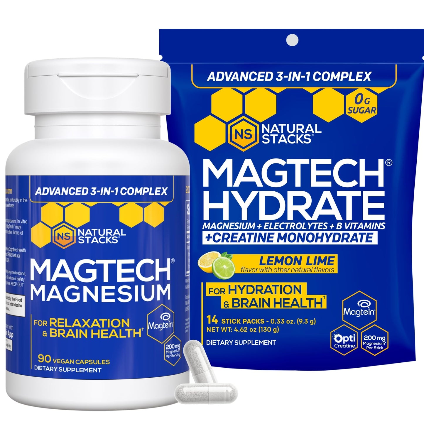 Magtech Magnesium Capsules + Hydration Creatine Powder Lemon Lime Bundle - 3 Forms of Magnesium - Featuring Magtein L-Threonate - Brain Health & Hydration Support* - 44 Total Servings - Maple Wellness Supplements