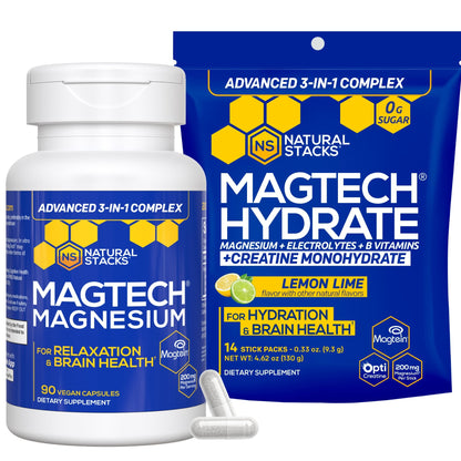 Magtech Magnesium Capsules + Hydration Creatine Powder Lemon Lime Bundle - 3 Forms of Magnesium - Featuring Magtein L-Threonate - Brain Health & Hydration Support* - 44 Total Servings - Maple Wellness Supplements