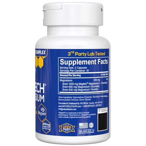MagTech Magnesium Complex for Women & Men - 3 Forms of Magnesium: Glycinate, Magtein L-Threonate & Taurate - 200mg Chelated Complex - Maple Wellness Supplements