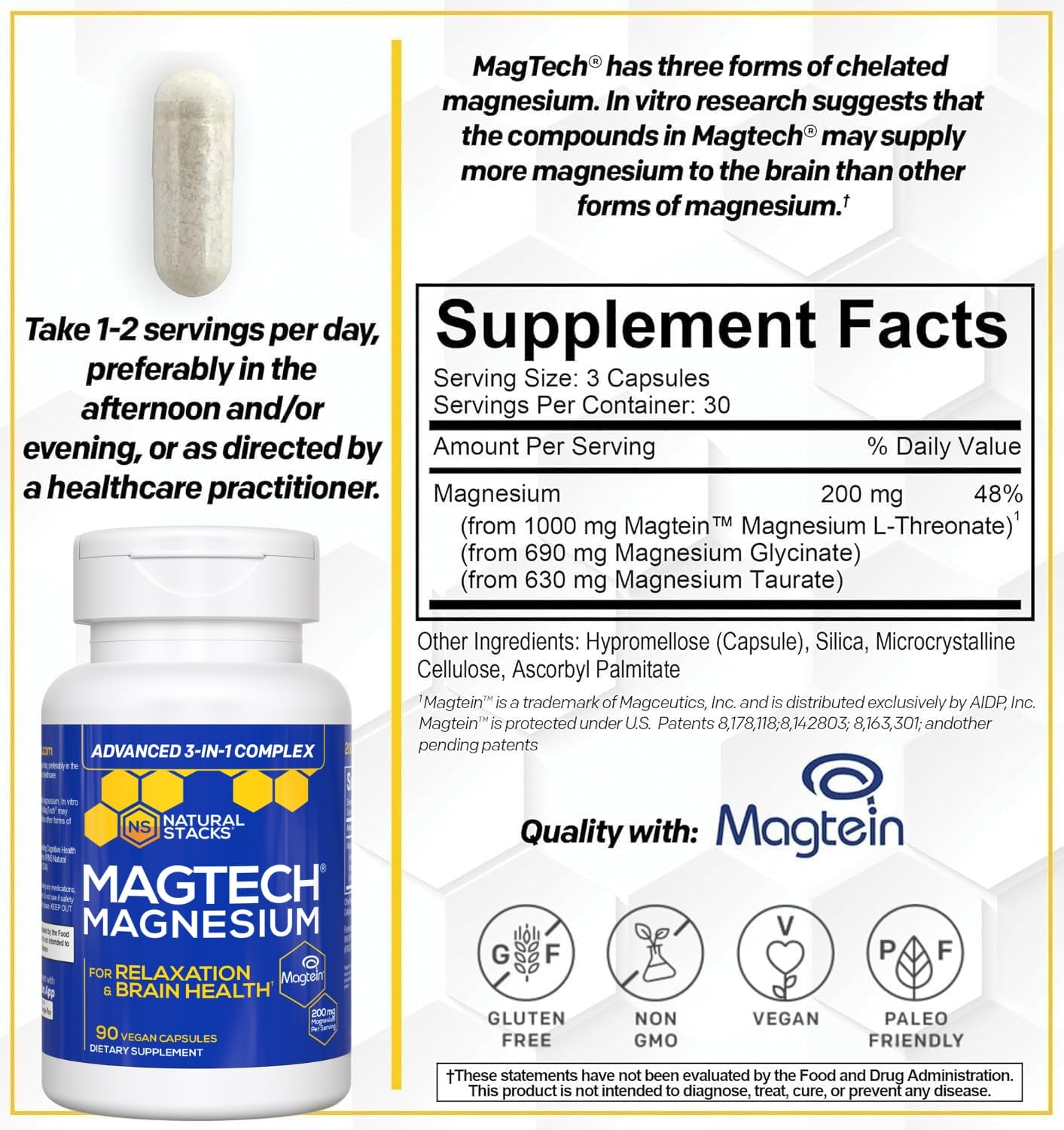 MagTech Magnesium Complex for Women & Men - 3 Forms of Magnesium: Glycinate, Magtein L-Threonate & Taurate - 200mg Chelated Complex - Maple Wellness Supplements