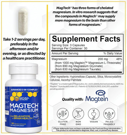 MagTech Magnesium Complex for Women & Men - 3 Forms of Magnesium: Glycinate, Magtein L-Threonate & Taurate - 200mg Chelated Complex - Maple Wellness Supplements