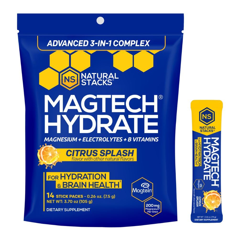 MagTech Magnesium Hydrate Packets - Sugar Free Hydration Powder - Magtein Magnesium L-Threonate, Glycinate & Taurate - 200mg Chelated Triple Complex - Supports Hydration & Brain Health* - 14 Servings - Maple Wellness Supplements