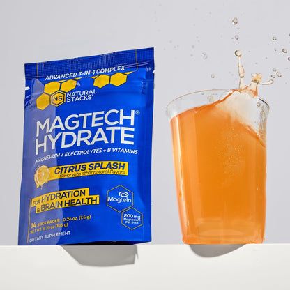 MagTech Magnesium Hydrate Packets - Sugar Free Hydration Powder - Magtein Magnesium L-Threonate, Glycinate & Taurate - 200mg Chelated Triple Complex - Supports Hydration & Brain Health* - 14 Servings - Maple Wellness Supplements