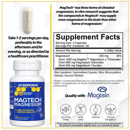MagTech Magnesium Supplement - 3 Forms of Magnesium: Magtein L-Threonate, Glycinate & Taurate - 200mg Chelated Magnesium Complex - Maple Wellness Supplements