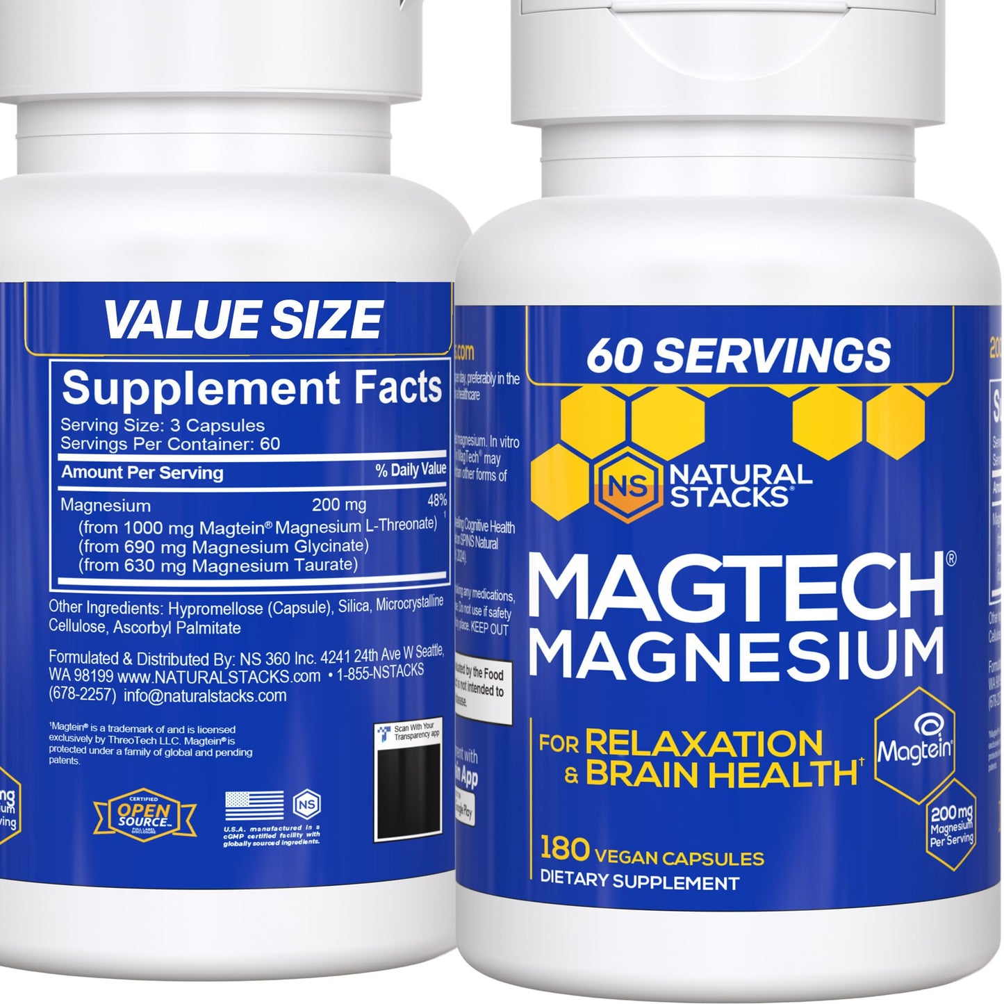 MagTech Magnesium Supplement - 3 Forms of Magnesium: Magtein L-Threonate, Glycinate & Taurate - 200mg Chelated Magnesium Complex - Maple Wellness Supplements