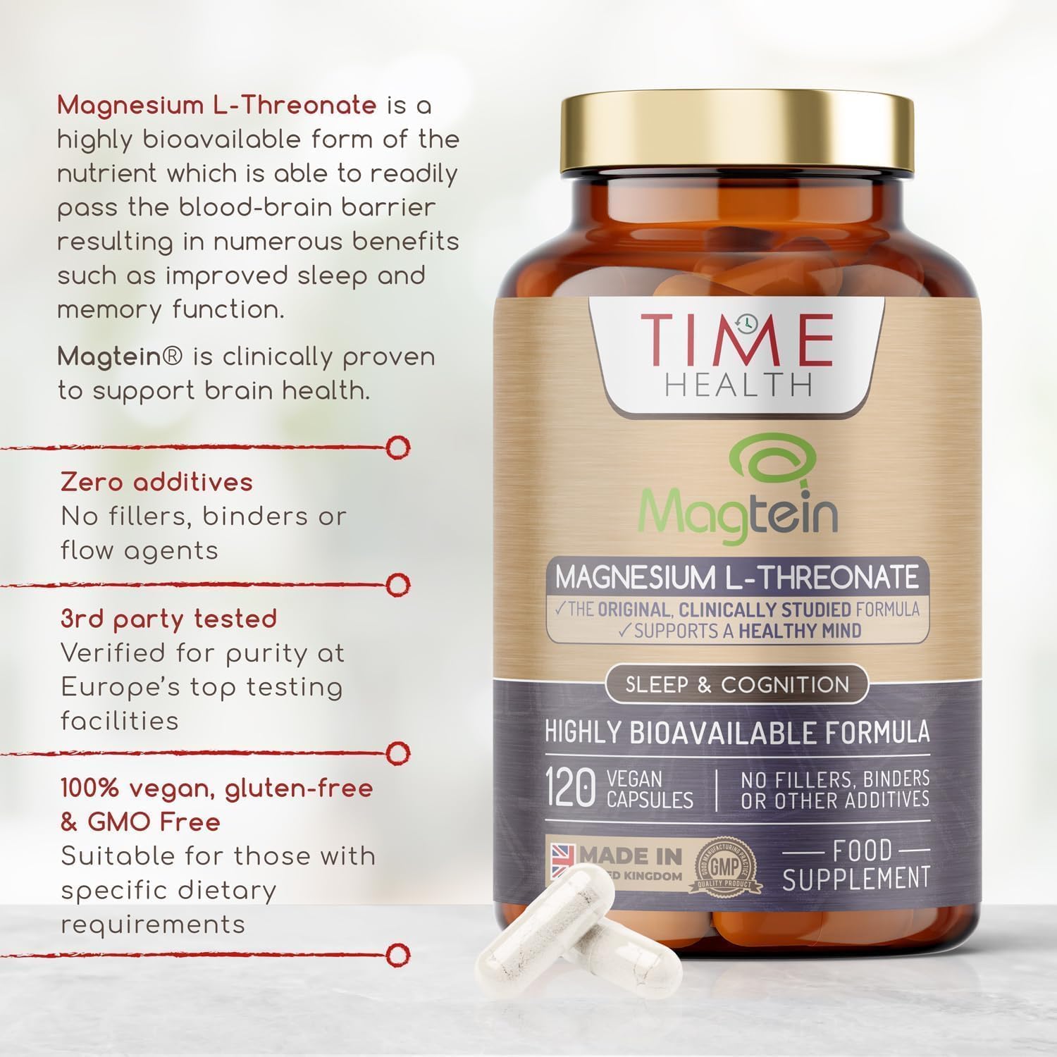 Magtein® Magnesium – 120 Capsules – High Strength 2100mg – Highly Bioavailable - Maple Wellness Supplements