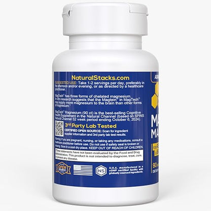 Magtein Magnesium L-Threonate, Glycinate & Taurate – 200mg Chelated Magnesium Complex – MagTech Magnesium Supplement for Relaxation & Brain Health – 90 Capsules - Maple Wellness Supplements
