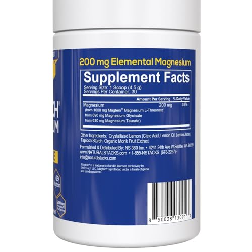 Magtein Magnesium L-Threonate, Glycinate & Taurate - MagTech Magnesium Powder - Sugar Free Lemonade Drink - 200mg Chelated Triple Complex - Supports Relaxation & Brain Health* - 30 Servings - Maple Wellness Supplements