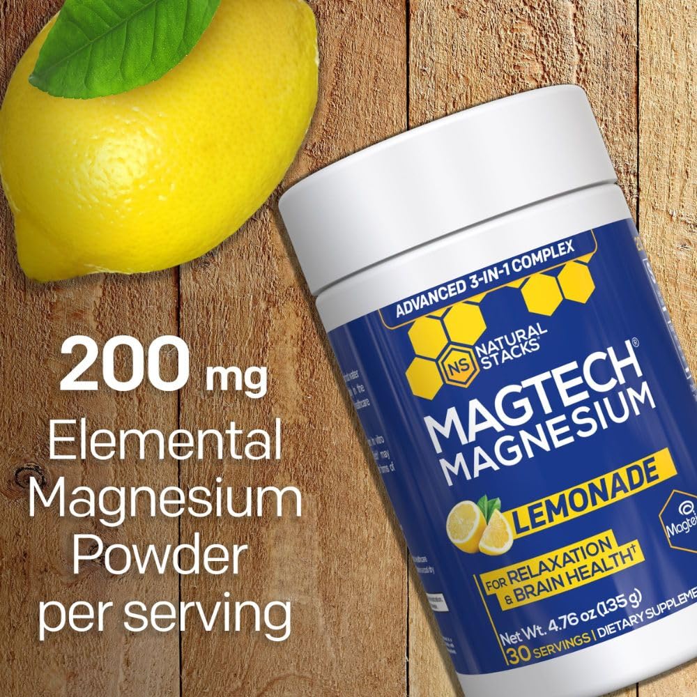 Magtein Magnesium L-Threonate, Glycinate & Taurate - MagTech Magnesium Powder - Sugar Free Lemonade Drink - 200mg Chelated Triple Complex - Supports Relaxation & Brain Health* - 30 Servings - Maple Wellness Supplements