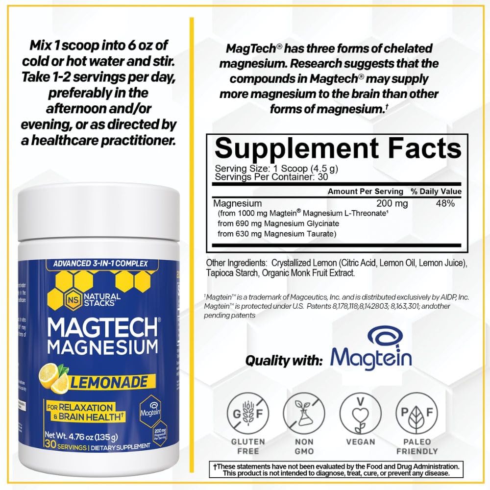 Magtein Magnesium L-Threonate, Glycinate & Taurate - MagTech Magnesium Powder - Sugar Free Lemonade Drink - 200mg Chelated Triple Complex - Supports Relaxation & Brain Health* - 30 Servings - Maple Wellness Supplements