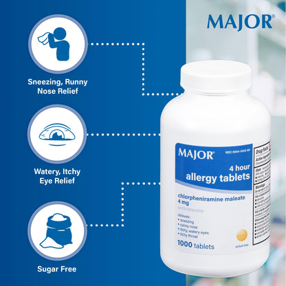 MAJOR 4 Hour Allergy Tablets - Chlorpheniramine Maleate - 4 mg - Antihistamine - 1000 Count (1 Pack) - Maple Wellness Supplements