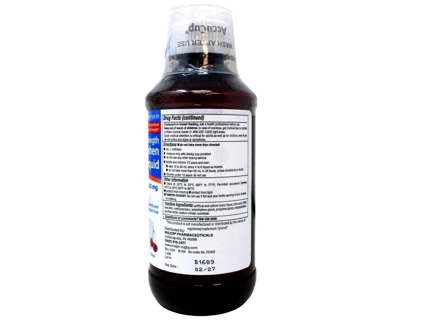 MAJOR Adult Extra Strength Liquid Acetaminophen - 500 mg Acetaminophen/15 mL Dose - Pain Reliever and Fever Reducer - Cherry Flavor - 8 Fl Oz - Maple Wellness Supplements