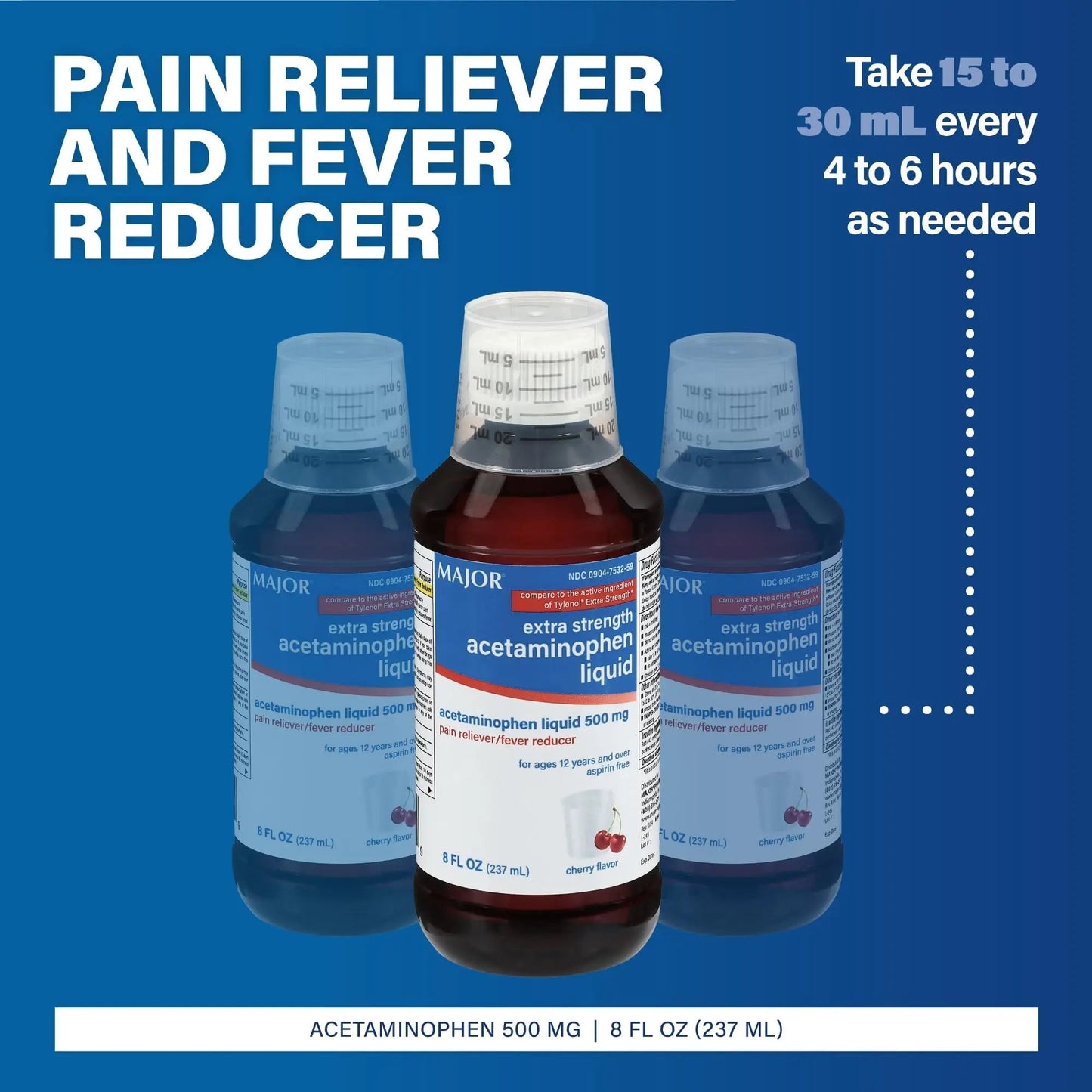 MAJOR Adult Extra Strength Liquid Acetaminophen 500mg - Helps Relieve Pain and Reduce Fevers - Aspirin Free - Cherry Flavor - 8 Fl Oz (2 Pack) - Maple Wellness Supplements
