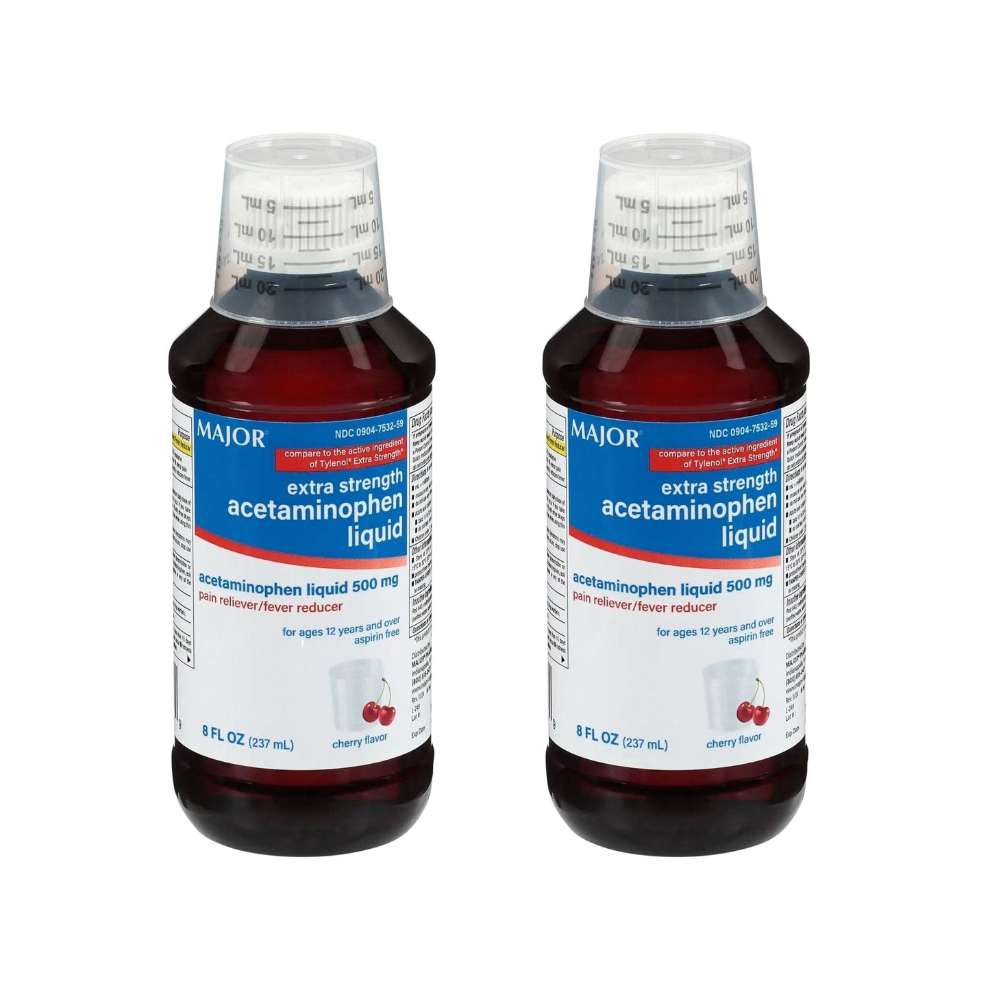 MAJOR Adult Extra Strength Liquid Acetaminophen 500mg - Helps Relieve Pain and Reduce Fevers - Aspirin Free - Cherry Flavor - 8 Fl Oz (2 Pack) - Maple Wellness Supplements