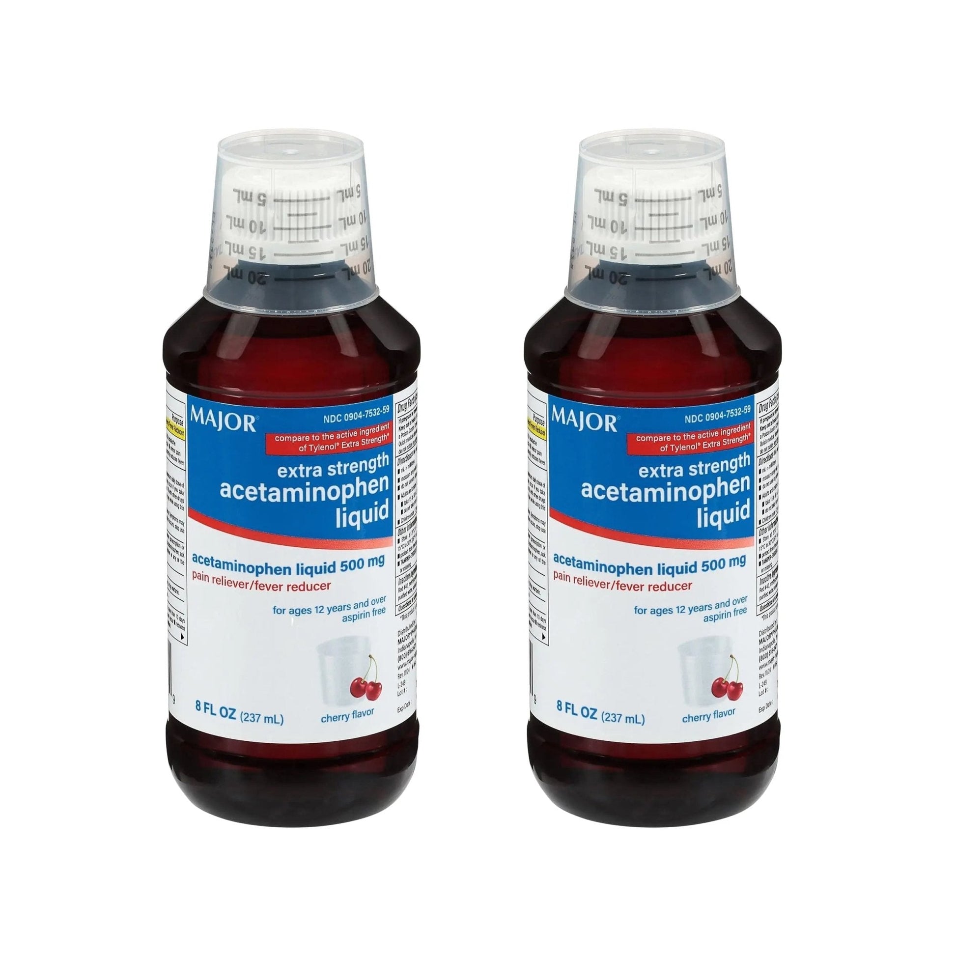 MAJOR Adult Extra Strength Liquid Acetaminophen 500mg - Helps Relieve Pain and Reduce Fevers - Aspirin Free - Cherry Flavor - 8 Fl Oz (2 Pack) - Maple Wellness Supplements