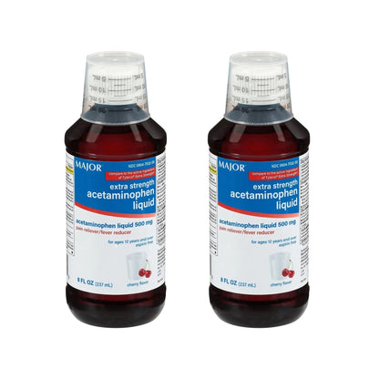 MAJOR Adult Extra Strength Liquid Acetaminophen 500mg - Helps Relieve Pain and Reduce Fevers - Aspirin Free - Cherry Flavor - 8 Fl Oz (2 Pack) - Maple Wellness Supplements