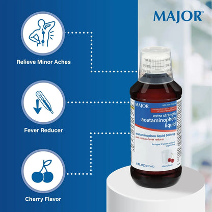 MAJOR Adult Extra Strength Liquid Acetaminophen 500mg - Helps Relieve Pain and Reduce Fevers - Aspirin Free - Cherry Flavor - 8 Fl Oz (2 Pack) - Maple Wellness Supplements