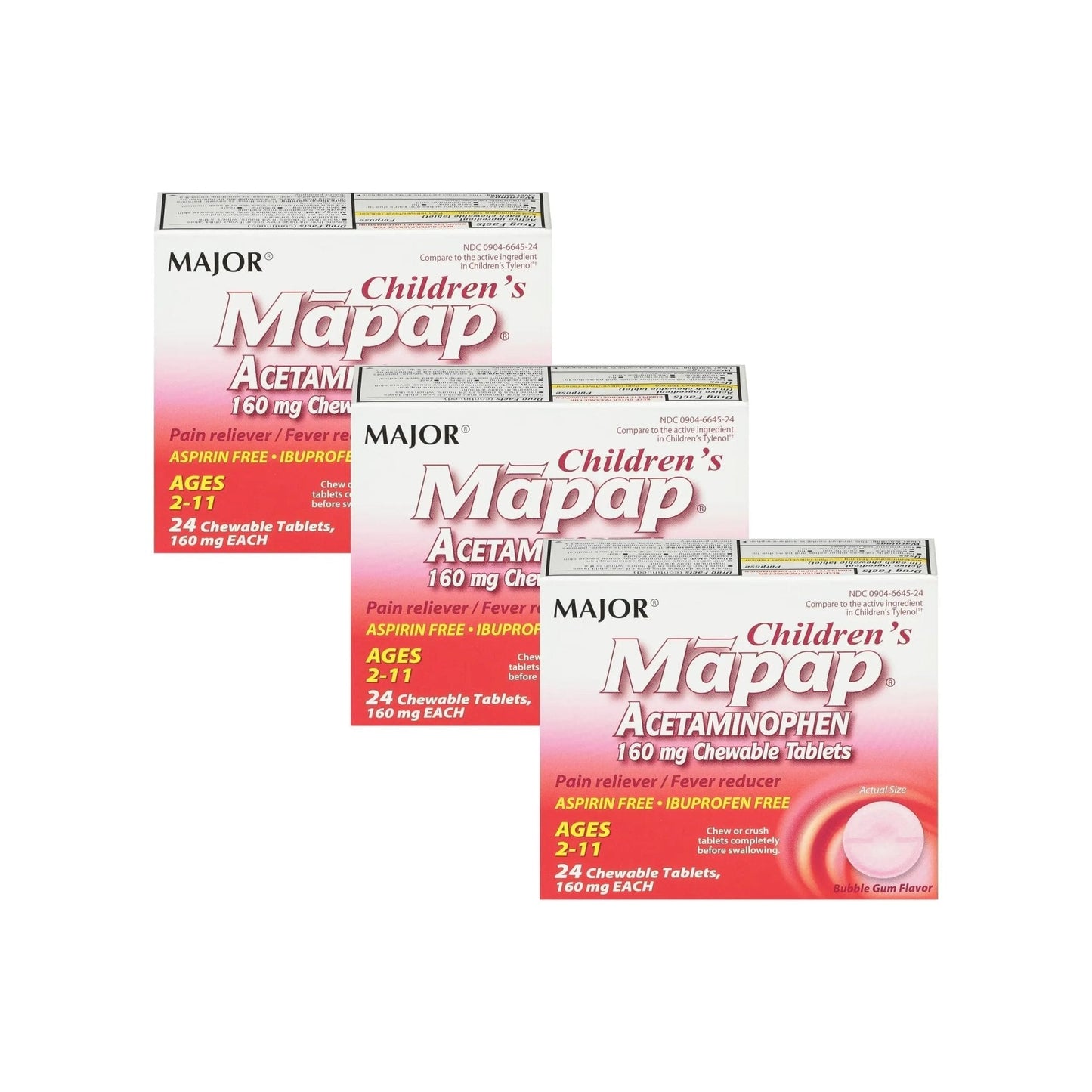 MAJOR Children’s Mapap Acetaminophen 160 mg Chewable Tablets - Pain Reliever/Fever Reducer - Aspirin Free - Ibuprofen Free - for Ages 2 to 11-24 Count (3 Pack) - Maple Wellness Supplements