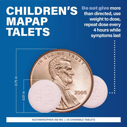 MAJOR Children’s Mapap Acetaminophen 160 mg Chewable Tablets - Pain Reliever/Fever Reducer - Aspirin Free - Ibuprofen Free - for Ages 2 to 11-24 Count (3 Pack) - Maple Wellness Supplements