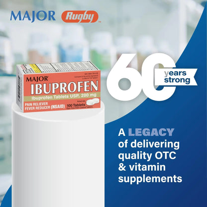 MAJOR Dye-Free Ibuprofen Tablets 200 mg - Helps Temporarily Reduce Fevers - Offers Pain Relief - 100 Tablets (1-Pack) - Maple Wellness Supplements