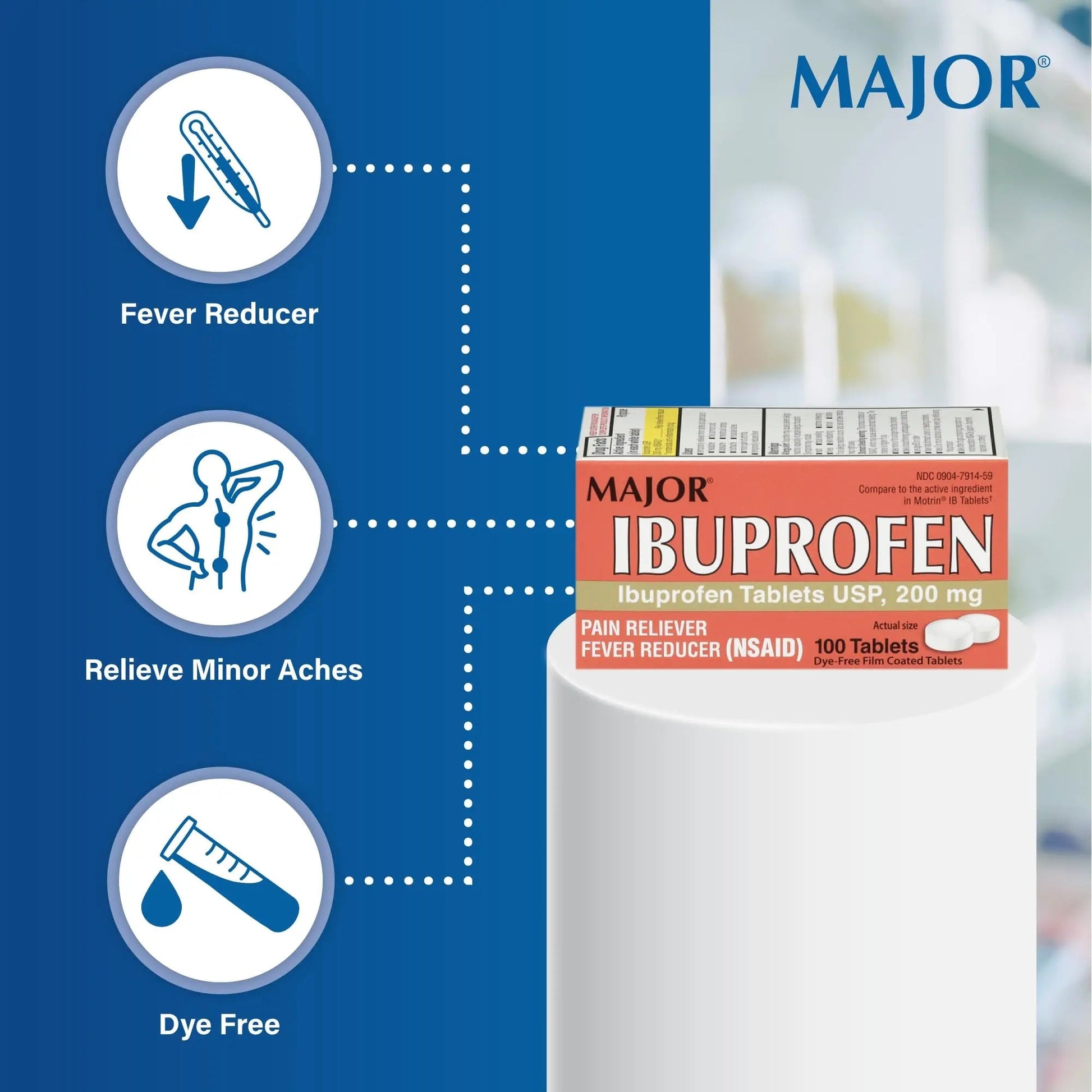 MAJOR Dye-Free Ibuprofen Tablets 200 mg - Helps Temporarily Reduce Fevers - Offers Pain Relief - 100 Tablets (1-Pack) - Maple Wellness Supplements
