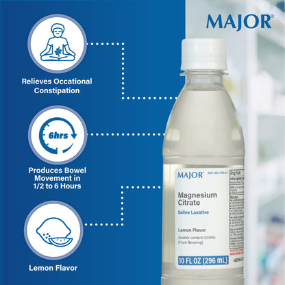 Major Magnesium Citrate Saline Laxative - Helps Relieve Occasional Constipation (Irregularity) - Lemon Flavor - 10 Fl. Oz. (1 Pack) - Maple Wellness Supplements