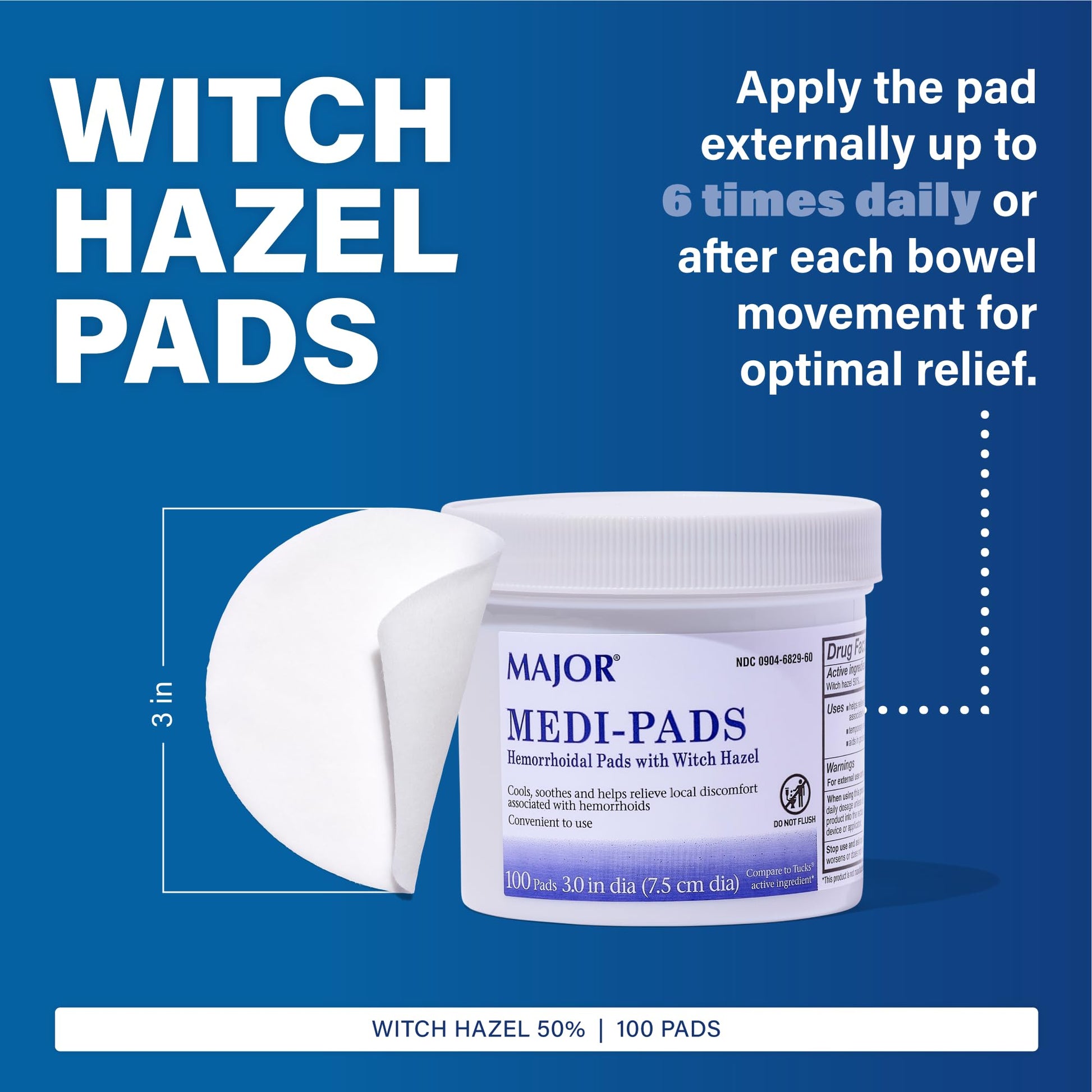 MAJOR Medi-Pads - Hemorrhoidal Hygienic Cleansing Witch Hazel Pads - Cooling Relief with Aloe - 100 Count Jar (1 Pack) - Maple Wellness Supplements